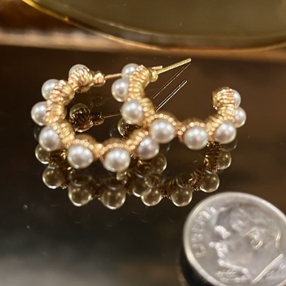 Small Gold and Pearl Hoop Post Earrings 3/4th inch - Picture 2 of 5